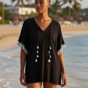 Talbots Black Cotton Beach Cover Up Mini Dress with White Tassel Trim Size XL